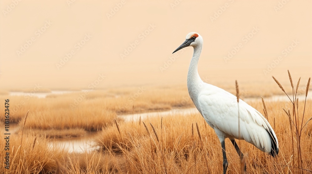 Fototapeta premium Natural earth tones depict an adorable, charming whooping crane overlapping with wetlands, grasslands, and marshes in browns, beiges, and muted colors.