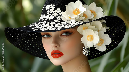 Woman Wears Elegant Hat with Flowers & Diamond Earrings