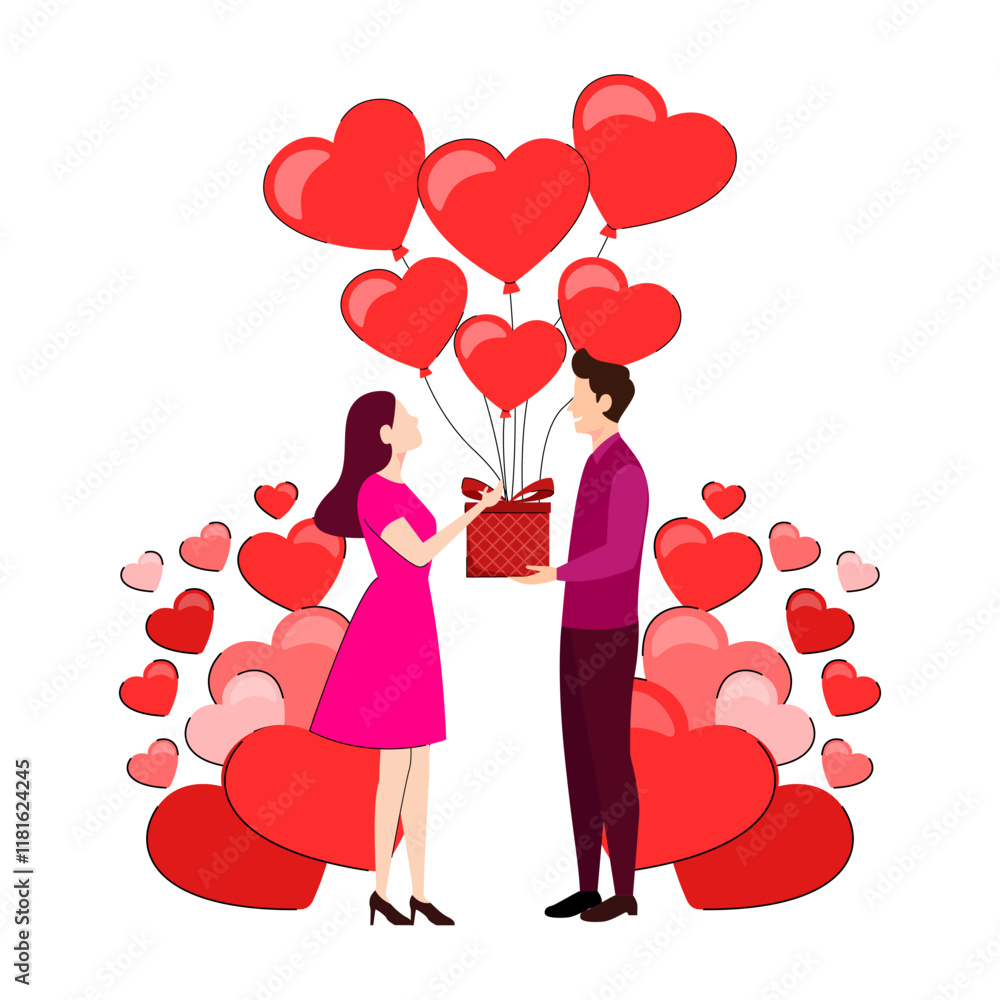 A romantic scene of Valentine's Day, that moment showed a person giving gift to their partner. The person has a warm smile and holding up a gift and heart shaped balloon A romantic scene of Valentine's Day, that moment showed a person giving gift to their partner. The person has a warm smile and holding up a gift and heart shaped balloon