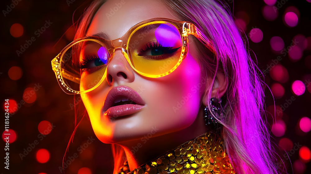 Neon Lights Reflect on Fashion Model with Stylish Glasses and Makeup Glamorously Neon Lights Reflect on Fashion Model with Stylish Glasses and Makeup Glamorously