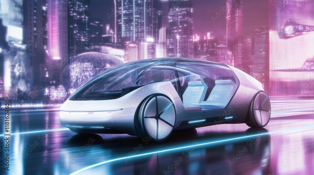 Fototapeta premium Sleek Autonomous Vehicle Navigates a Futuristic Cityscape: A Vision of Tomorrow's Transportation