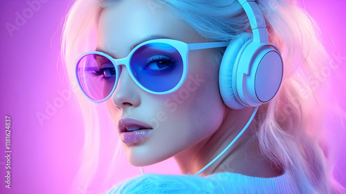 Woman Listens to Music with...