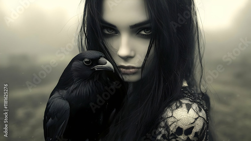 Woman with Raven Embraces D...