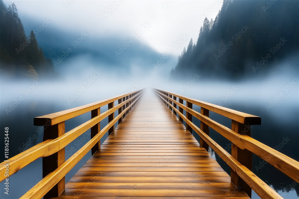 Obraz premium A wooden bridge shrouded in mist, leading into a tranquil forest. The scene evokes mystery, serenity, and the beauty of nature's untouched paths.