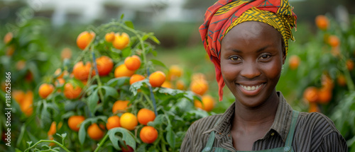 A woman is smiling and standing in front of a tree full of oranges