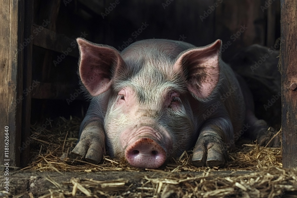 Pig lying comfortably on a bed of straw in a barn stall, savoring a peaceful moment of tranquility in the warm, rustic atmosphere of farm life Pig lying comfortably on a bed of straw in a barn stall, savoring a peaceful moment of tranquility in the warm, rustic atmosphere of farm life