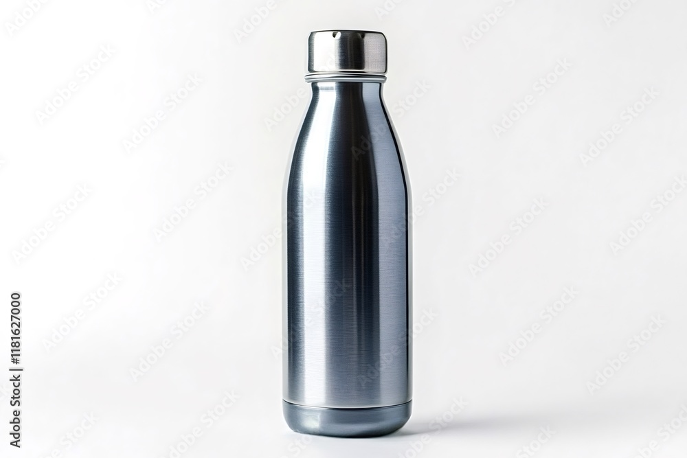 Close-up shot of a reusable metal water bottle highlighting eco-friendly hydration practices and promoting sustainable alternatives to single-use plastics against a white background Close-up shot of a reusable metal water bottle highlighting eco-friendly hydration practices and promoting sustainable alternatives to single-use plastics against a white background