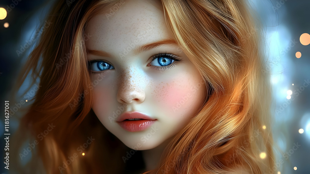 Obraz premium Girl with Blue Eyes and Freckles Radiates Beauty Softly