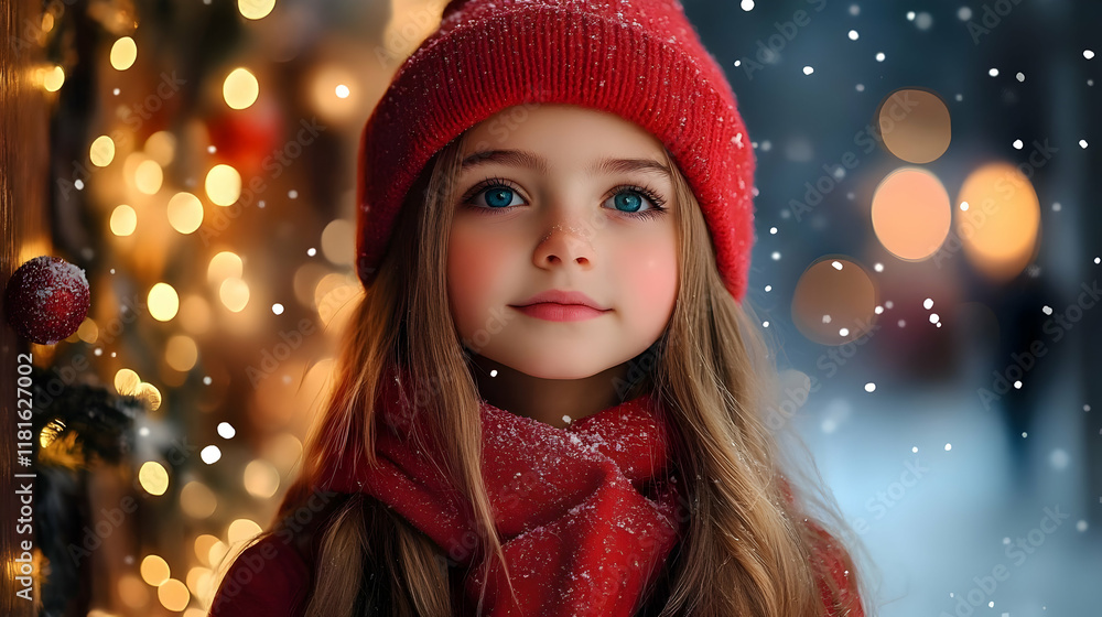 Girl in Red Hat and Scarf Enjoys Winter Snowfall with Warm Lights Girl in Red Hat and Scarf Enjoys Winter Snowfall with Warm Lights