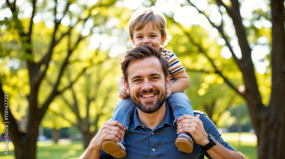 Fototapeta premium Father carrying his son on shoulders in a sunny park, celebrating Father's Day joyfully