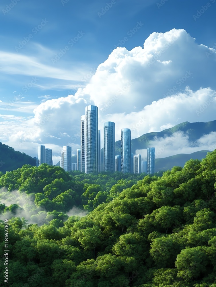 Fototapeta premium Modern skyline surrounded by lush green forest.