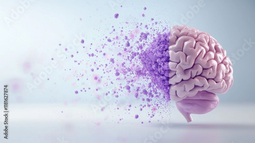 Purple day, Epilepsy awareness concept. 3D depiction of a brain dissolving into purple particles, representing epilepsy awareness.