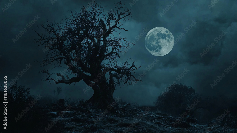 Spooky tree under a full moon on a mysterious foggy night Spooky tree under a full moon on a mysterious foggy night