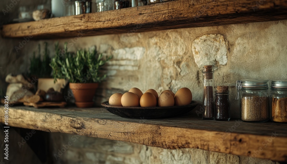 Fototapeta premium High-Resolution Photorealistic Image Rustic Kitchen Shelf with Eggs, Herbs, and Spices, A Detailed, Vibrant Shot of Brown Eggs in a Wooden Bowl on a Weathered Wooden Shelf Against a Stone Wall