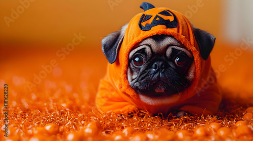 Cute Dog Wears Pumpkin Cost...