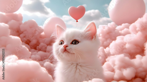 White Kitten Sits Among Pin...