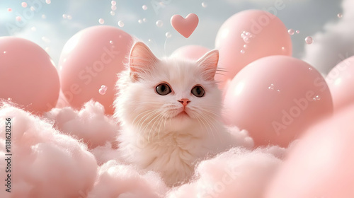 White Kitten Sits Among Pin...