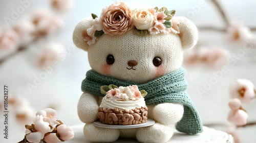 Knitted Bear Holds Cupcake ...