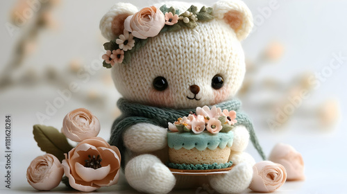 Knitted Bear Holding Cake w...