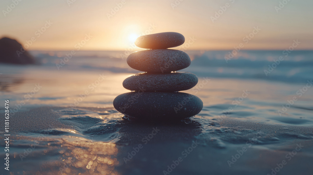 Zen stones stacked on sandy beach at sunset with calming ocean waves Zen stones stacked on sandy beach at sunset with calming ocean waves