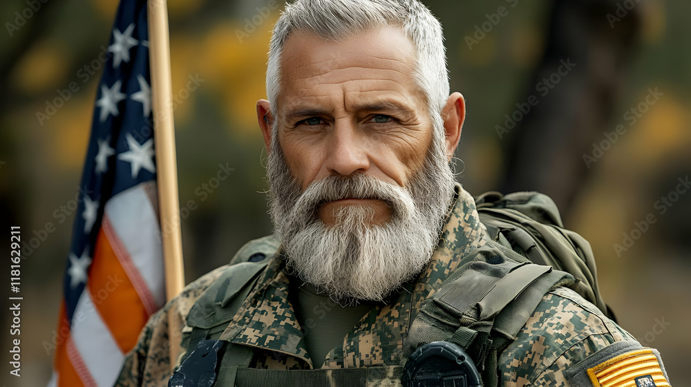 Obraz premium Soldier Stands Proudly with Flag: Duty, Honor, Courage, and Service