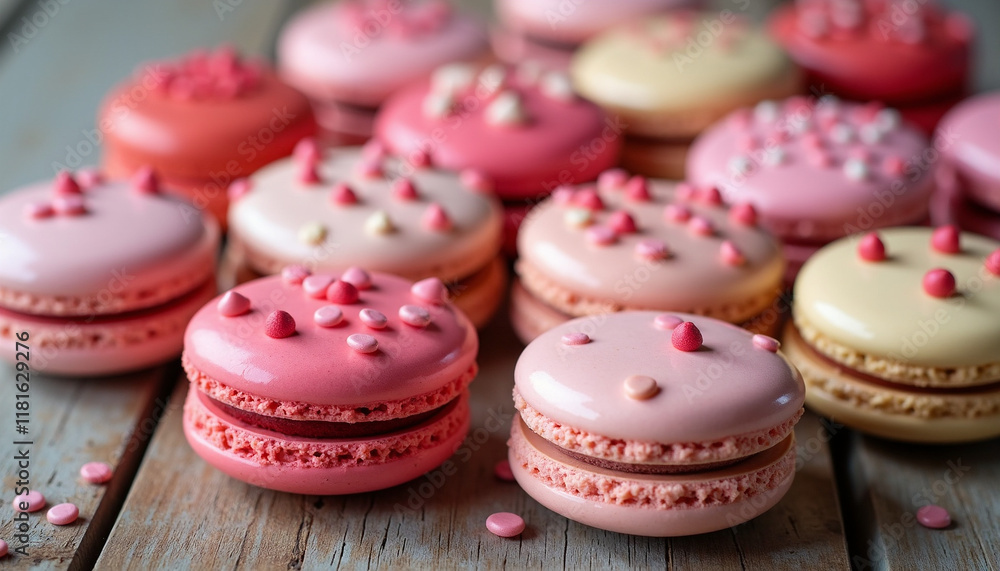 Assorted Valentine's Day-themed macarons in pastel colors on a rustic wooden table.
Assorted Valentine's Day-themed macarons in pastel colors on a rustic wooden table.