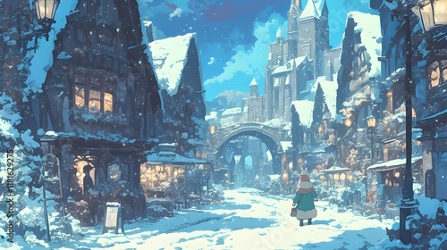 Winter city scene with snow-covered streets in anime style
