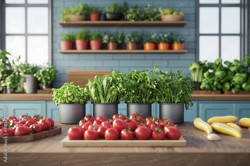 Fruits and vegetables bring colorful farm-to-table freshness. Fresh vegetables and herbs arranged in a modern kitchen setting. Fruits and vegetables bring colorful farm-to-table freshness. Fresh vegetables and herbs arranged in a modern kitchen setting.