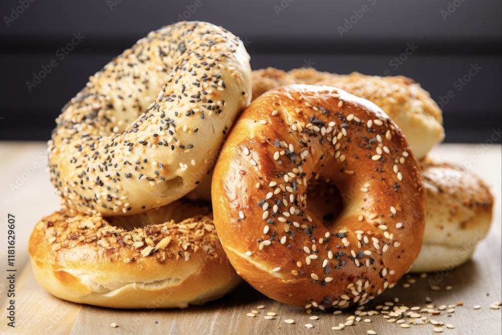 Authentic Assortment of Freshly Baked New York-Style Bagels with Seeds - A Delicious Treat from a Local Bakery Authentic Assortment of Freshly Baked New York-Style Bagels with Seeds - A Delicious Treat from a Local Bakery