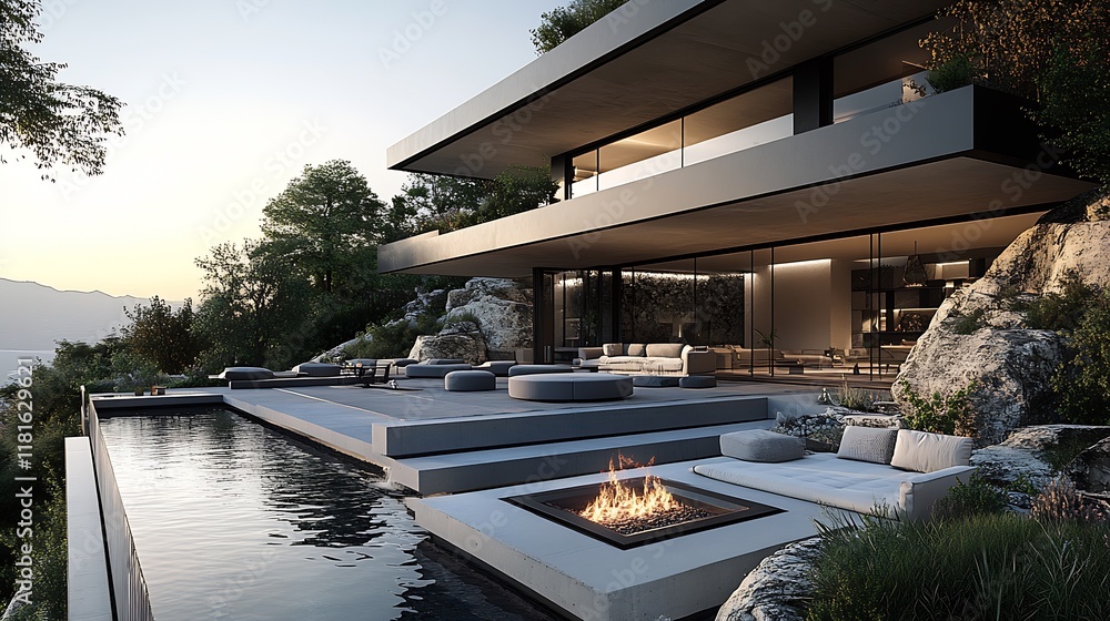 Fototapeta premium Contemporary Hillside Villa with Modern Design and Scenic Oceanfront Pool : Generative AI