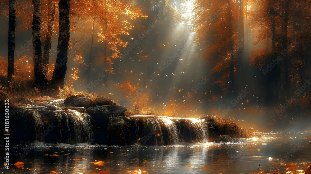 Naklejka premium Autumn Waterfall Flows into River with Golden Leaves Gently Falling