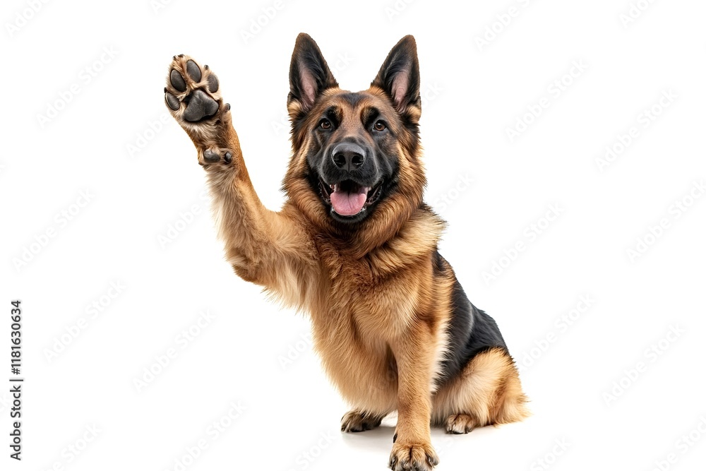 Studio shot featuring an adorable german shepherd dog sitting and proudly giving a high five, set against a clean white background, highlighting its friendly and playful nature Studio shot featuring an adorable german shepherd dog sitting and proudly giving a high five, set against a clean white background, highlighting its friendly and playful nature