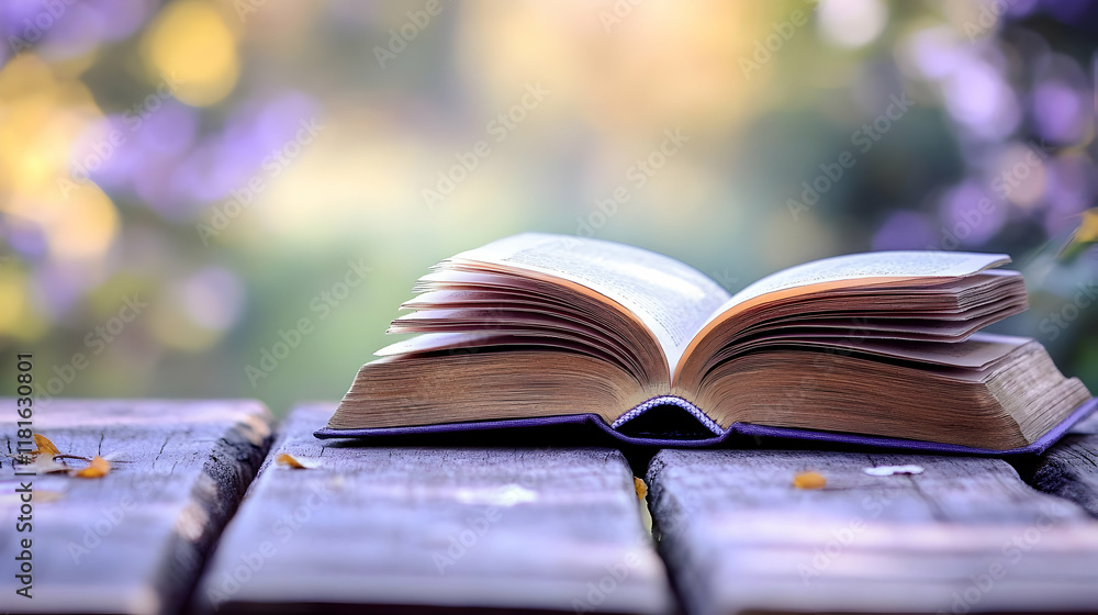 Open Book Rests Peacefully on Wooden Table Outdoors with Soft Background Open Book Rests Peacefully on Wooden Table Outdoors with Soft Background