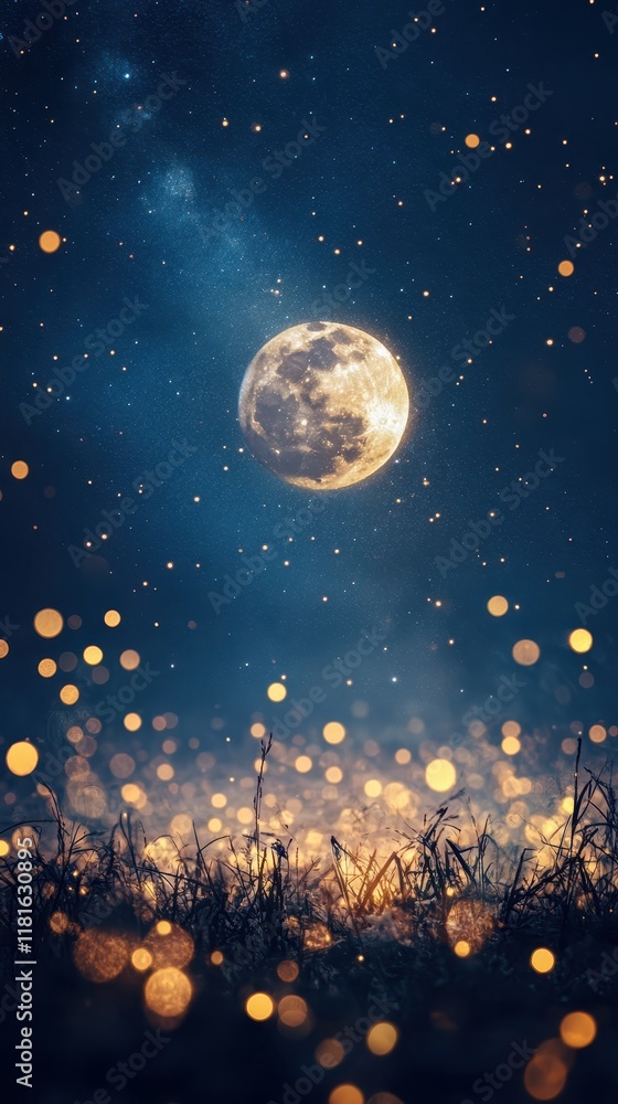 Naklejka premium Ethereal Night Sky with Full Moon, Sparkling Bokeh, and Silhouetted Grass
