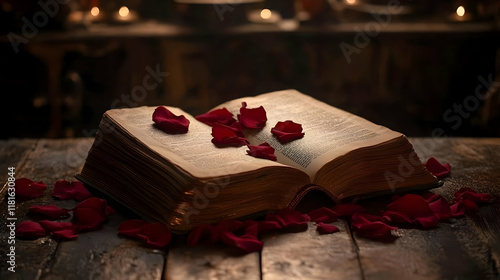 Open Book with Rose Petals ...