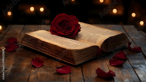 Red Rose Rests on Open Book...