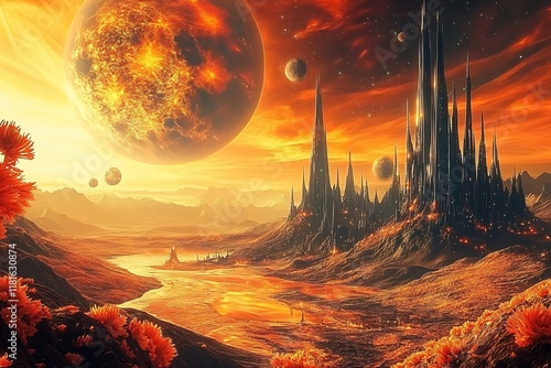 Dramatic Exoplanetary View with Fiery Skies and Monolithic Structures : Generative AI photo