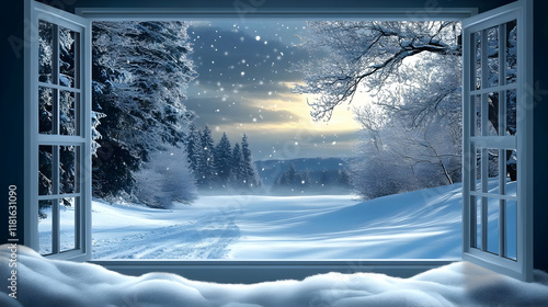 Winter Window Shows Snow Fa...