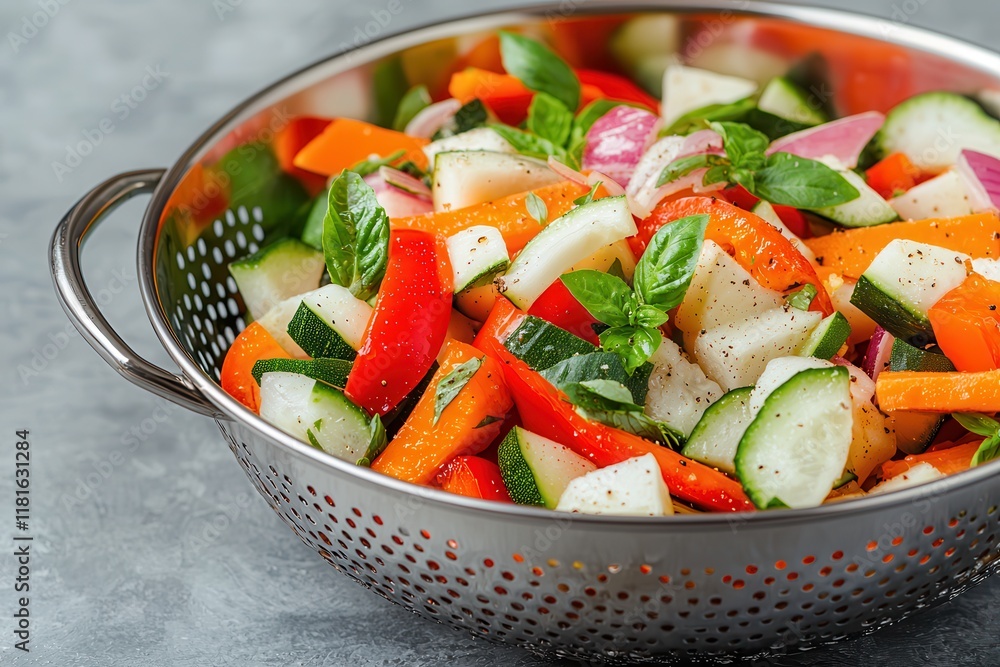 Fruits and vegetables bring colorful farm-to-table freshness. Fresh vegetable salad in a stainless steel colander. Fruits and vegetables bring colorful farm-to-table freshness. Fresh vegetable salad in a stainless steel colander.