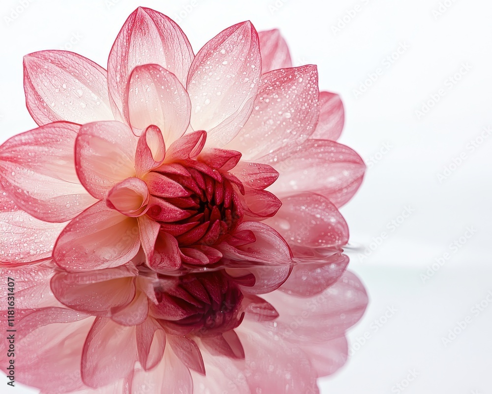 Fototapeta premium A delicate pink lotus flower reflecting beautifully on a serene surface.