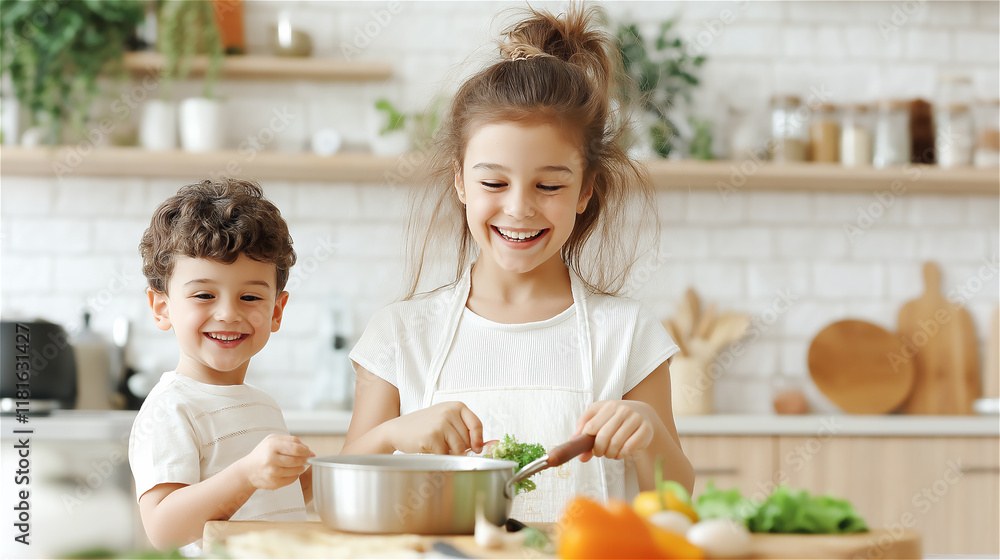 Children smiling while cooking together in a bright kitchen, sharing laughter and teamwork, showcasing joy and creativity during meal preparation. Children smiling while cooking together in a bright kitchen, sharing laughter and teamwork, showcasing joy and creativity during meal preparation.
