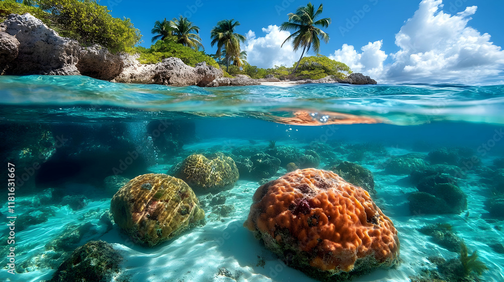 Fototapeta premium Tropical Island Paradise Meets Underwater Coral Reef Exploration Serenely