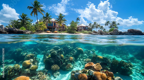 Tropical Island Paradise Meets Vibrant Coral Reef Underwater Tranquility photo