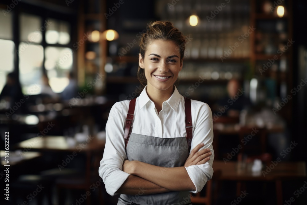 Confident Waitress Standing with Arms Crossed and Smiling at the Camera in a Professional Setting. Perfect for Hospitality and Cafe Themes Confident Waitress Standing with Arms Crossed and Smiling at the Camera in a Professional Setting. Perfect for Hospitality and Cafe Themes