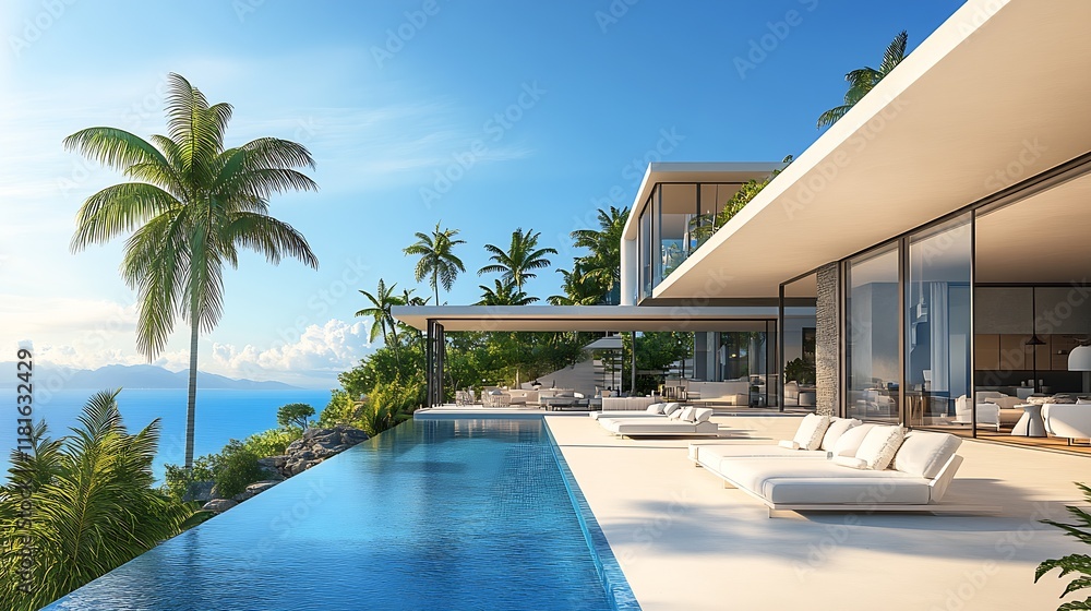 Fototapeta premium Sleek Contemporary Oceanview Villa with Infinity Pool and Lush Tropical Surroundings : Generative AI