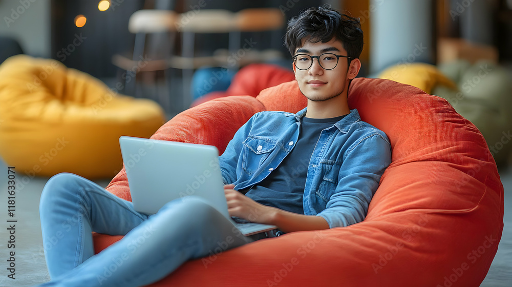 Student Uses Laptop, Studies Remotely in Comfort with Technology Student Uses Laptop, Studies Remotely in Comfort with Technology