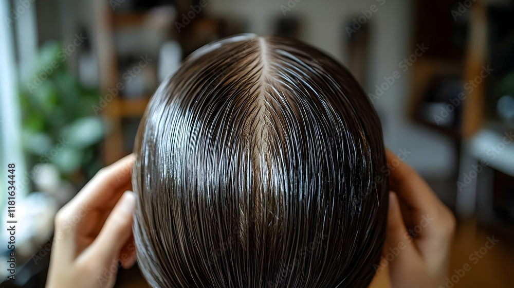 Fototapeta premium Hair Care: Applying Treatment for Healthy, Shiny Hair at Home