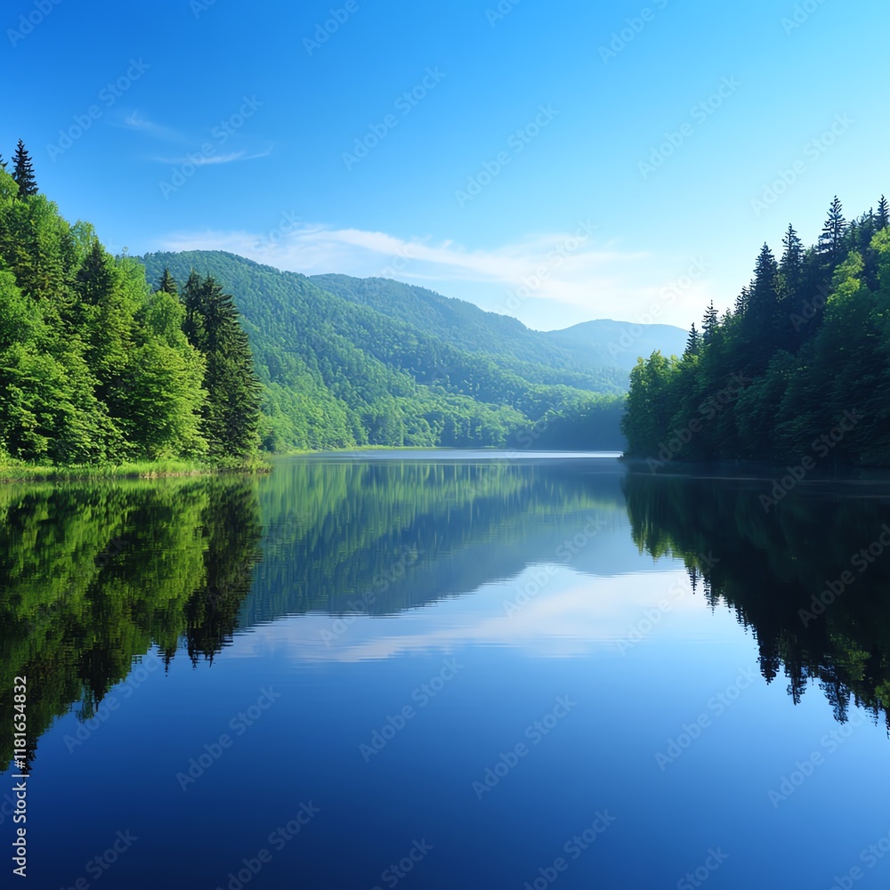 Serene lake reflecting lush green mountains.