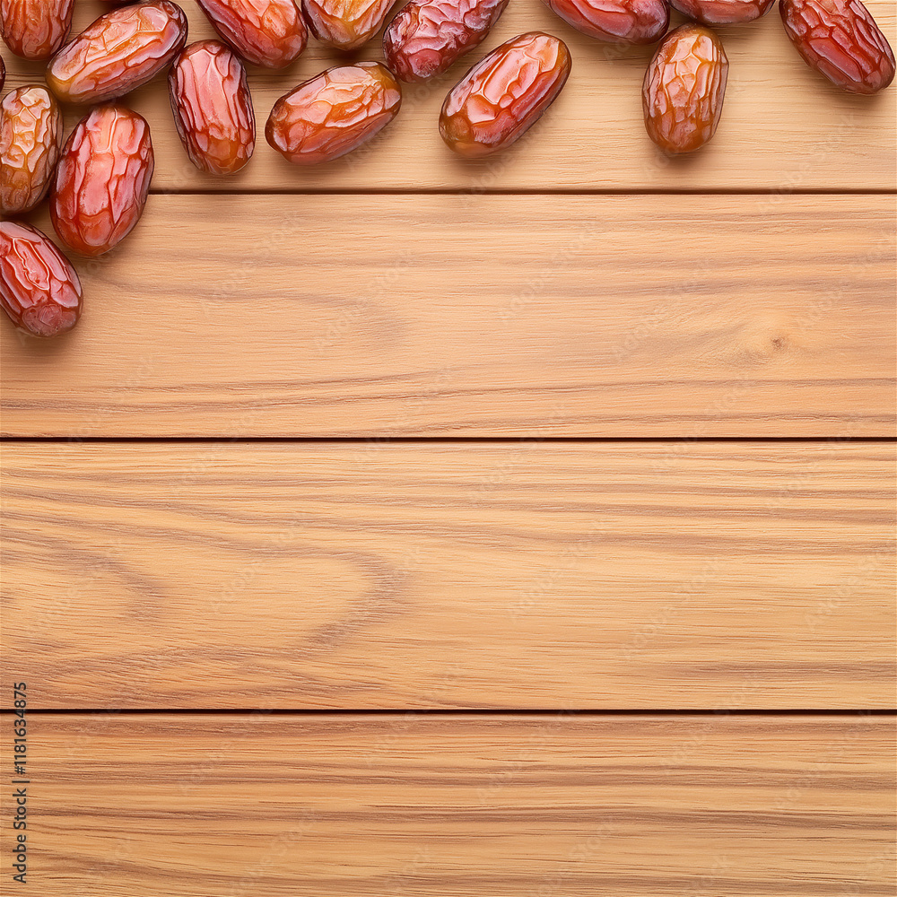 Top view of a wooden surface decorated with a cluster of fresh dates in the corner, ideal for food photography or healthy snack promotion. Top view of a wooden surface decorated with a cluster of fresh dates in the corner, ideal for food photography or healthy snack promotion.