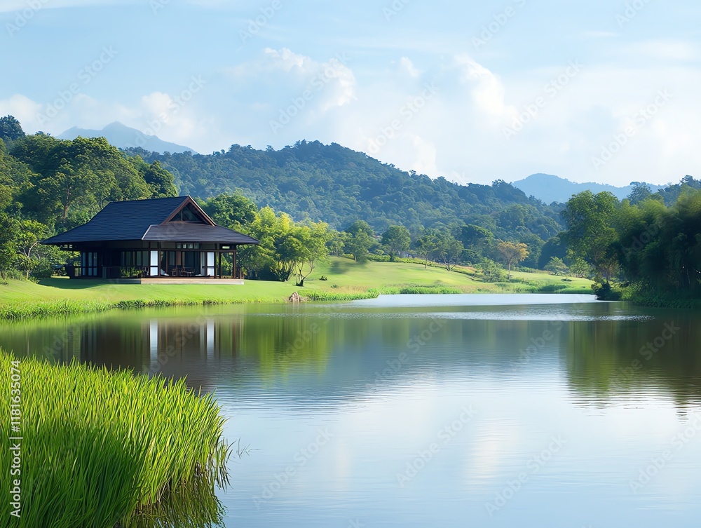 Serene lake view with lush green surroundings. Serene lake view with lush green surroundings.